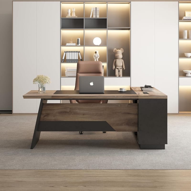 WESOME 78.74in Modern L-Shaped Executive Desk with Drawer 2-Tier Storage Shelves Cabinets
