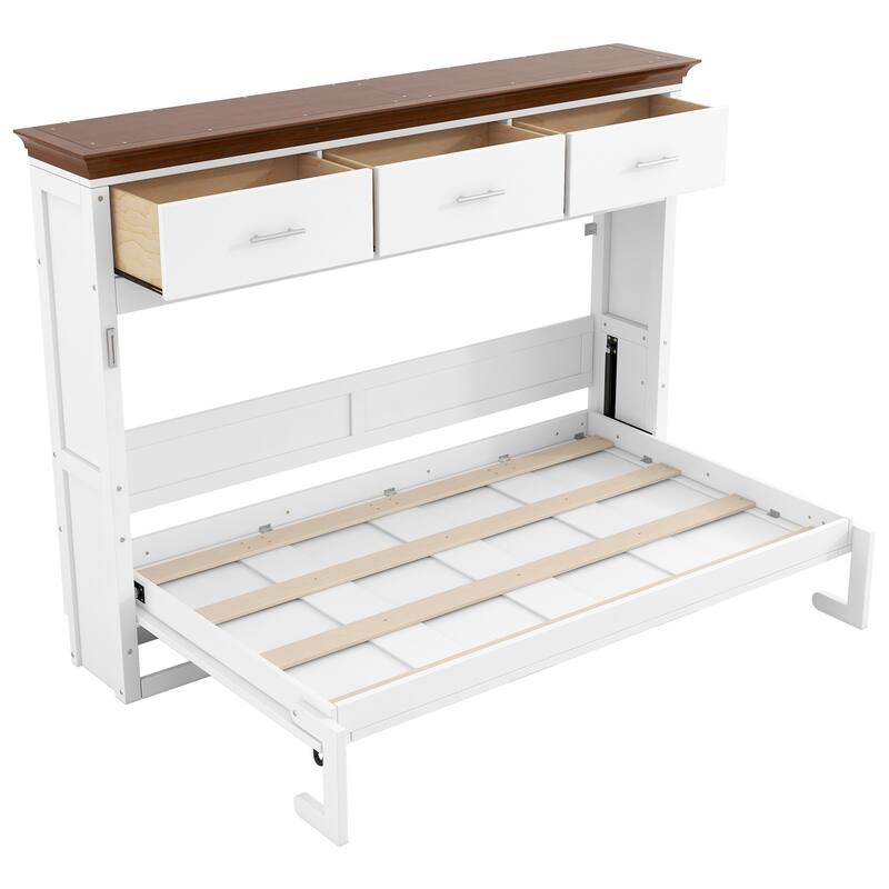Space-Saving Twin Murphy Bed with 3 Drawers & Storage Shelf, White