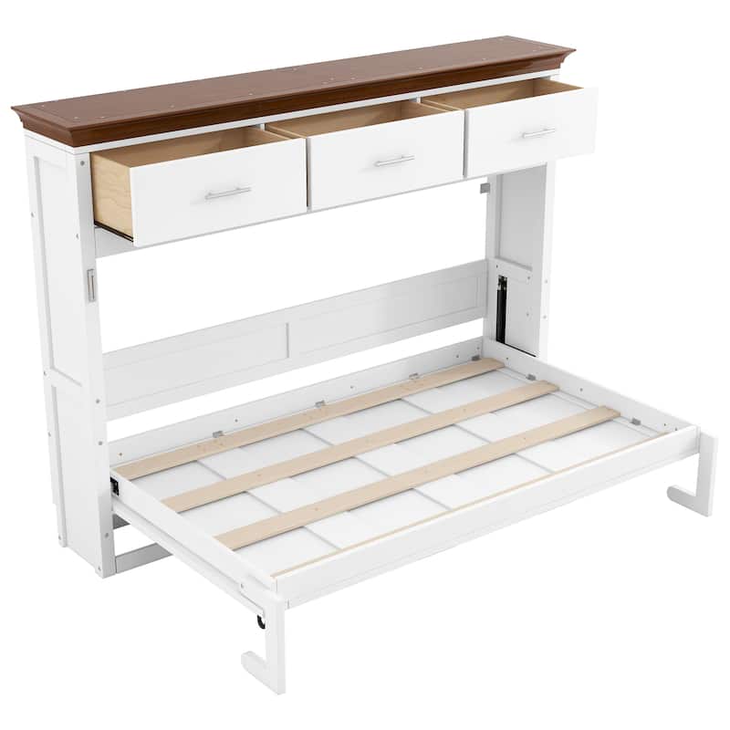 Twin Size Murphy Bed with 3 Storage Drawers and Foldable Design in White