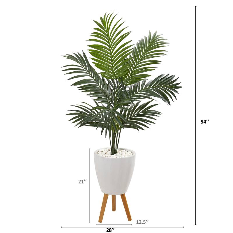4.5ft Kentia Palm Artificial Tree with Lush Green Fronds in White Planter with Wooden Legs for Home Decor