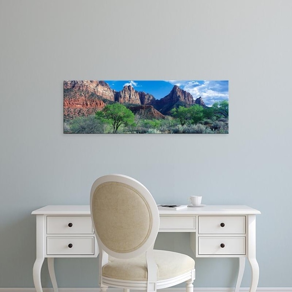 Easy Art Prints Panoramic Image 'Cottonwood trees and The Watchman, Zion National Park, Utah, USA' Premium Canvas Art
