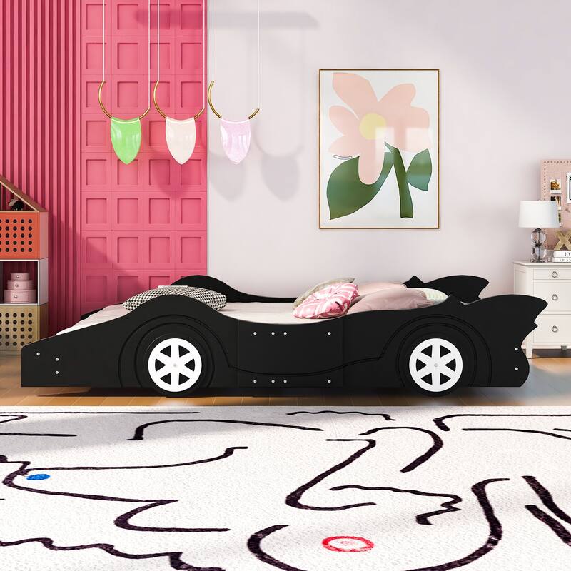 Full Race Car Bed with Wheels, Safety Rails, and Durable Wood Frame