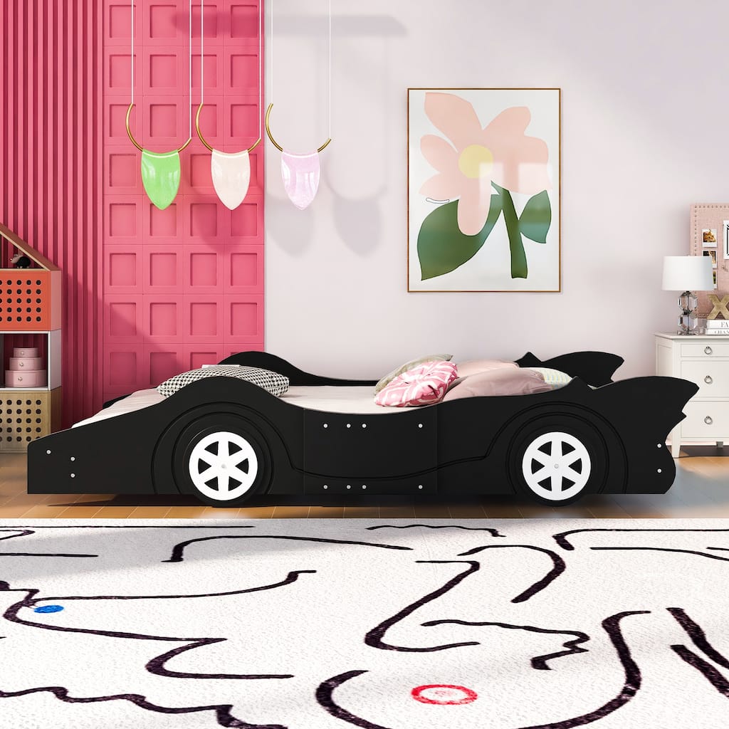 Full Size Race Car-Shaped Platform Bed with Wheels Wooden Platform Bed Frame with Support Slats, Twin Floor Bed