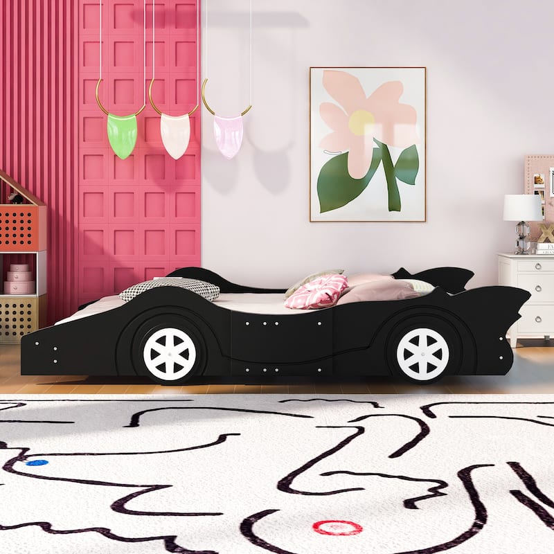 Full Size Race Car-Shaped Wooden Floor Platform Bed with Wheels, Black ...