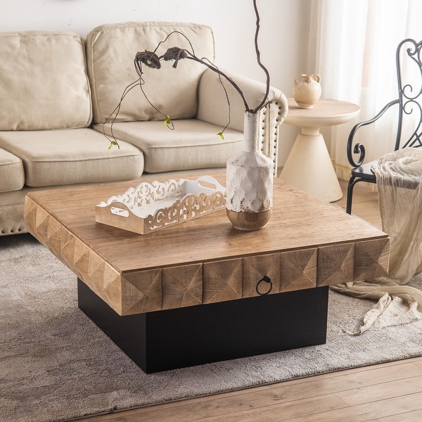 Retro Embossed Pattern Square Coffee Table with 2 Drawers and MDF