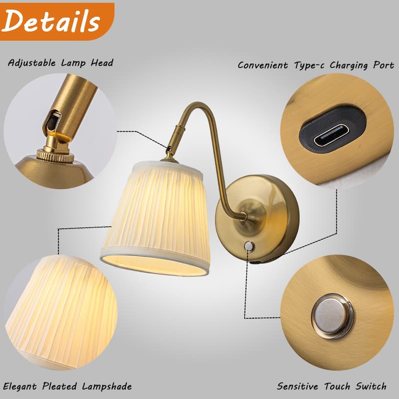 Battery Operated Wall Sconces Dimmable Integrated LED Rechargeable Cordless Swing Head for Bedroom or Corridors(2 Pack) - W5''