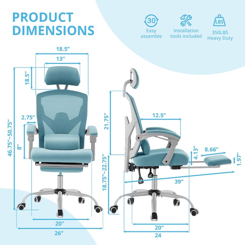 Home Office Desk Chair with Footrest, High-Back Mesh Rolling Swivel Reclining Chairs with Wheels, Comfortable Headrest