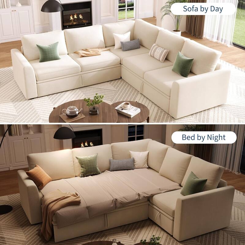 Sectional Sleeper Sofa with Pull Out Bed, Chenille Modular Sectional Sofa L Shaped Couch with Pull Out Couch