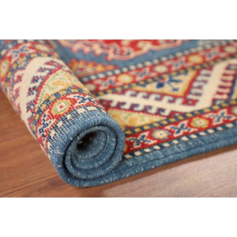 Blue Geometric Kazak Foyer Rug Hand-Knotted Traditional Wool Carpet - 2'10" x 4'1"