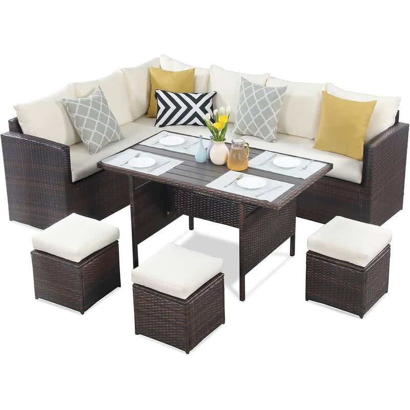 7 Piece Outdoor Dining Sectional Sofa with Dining Table and Chair