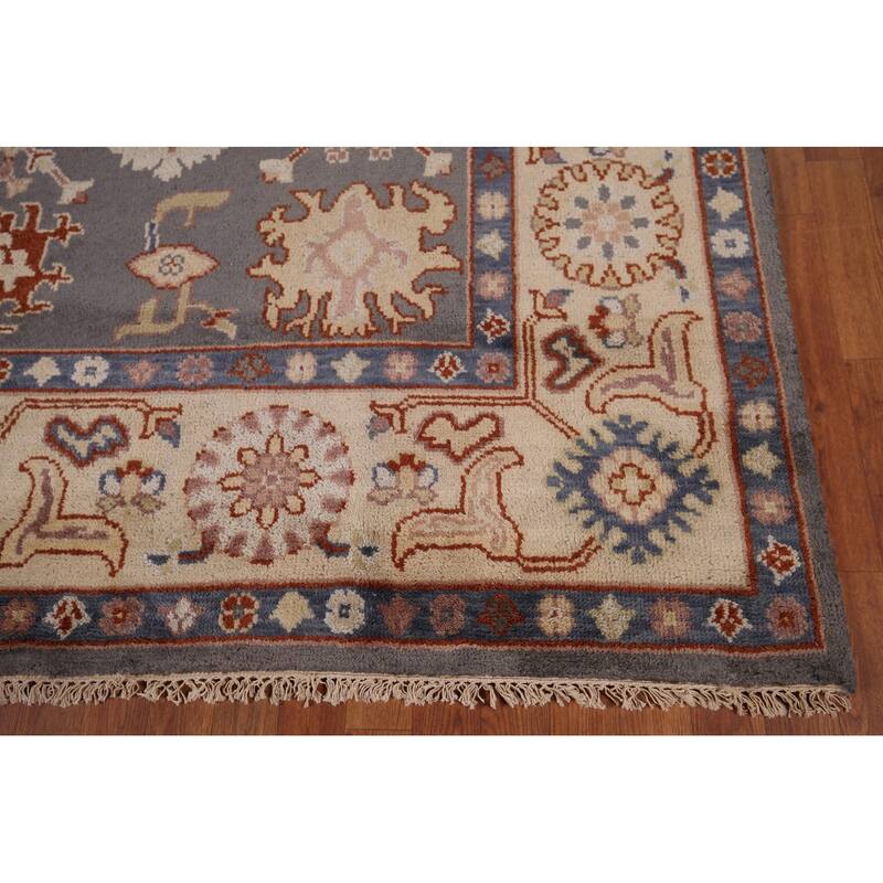 All-Over Gray Geometric Oushak Indian Rug Hand-Knotted Wool Carpet - 8'0"x 10'0"