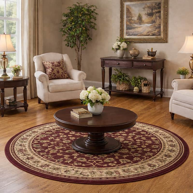 Admire Home Living Caroline Traditional Floral Sarouk Pattern Area Rug - 5'3" Round - Burgundy