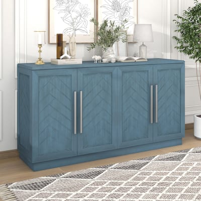 Gorgeous Striped Sideboard with Silver Handles, Storage Cabinet Buffet Cabinet with Adjustable Shelves, for Living Room, Blue