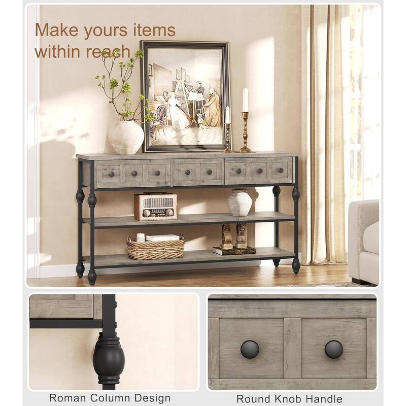 53" 3-Tier Console Sofa Table, Entryway Table with 3 Drawers