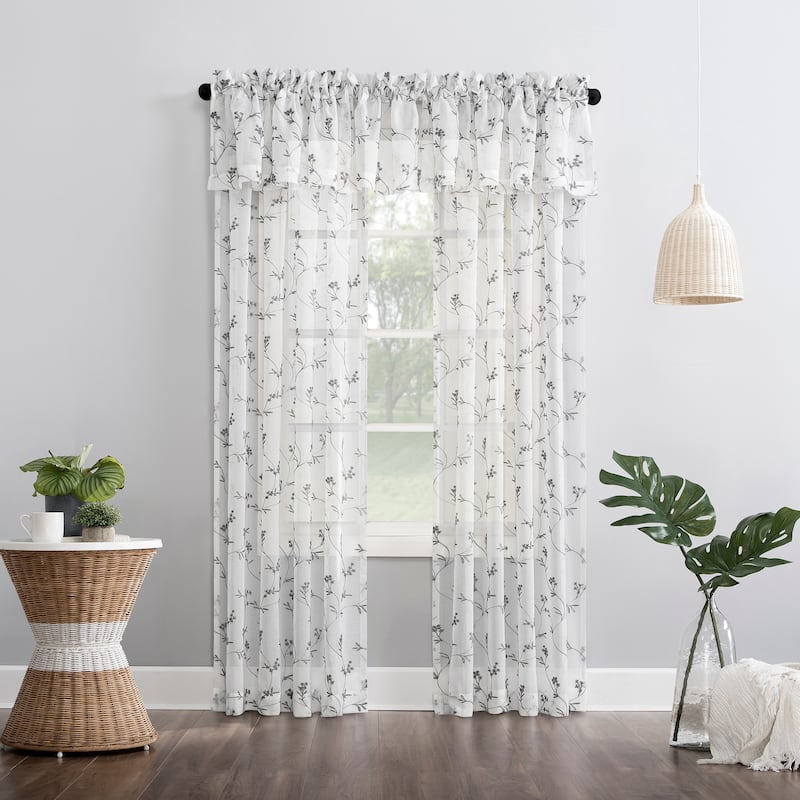 No. 918 Delia Embroidered Floral Sheer Rod Pocket 1-Piece Curtain Panel, Single Panel