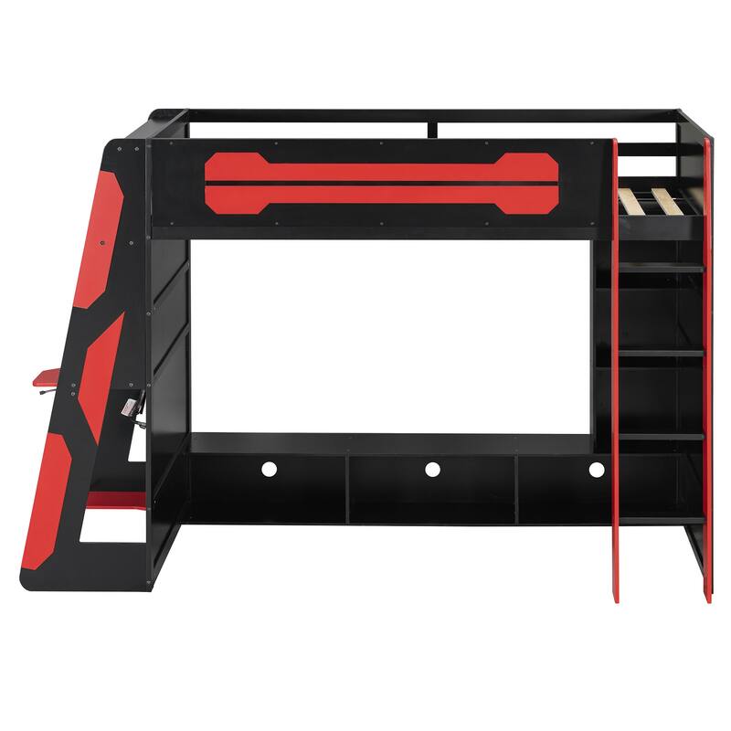 Twin Loft Bed with Esports Desk, RGB Lighting, and Gaming Storage Shelves