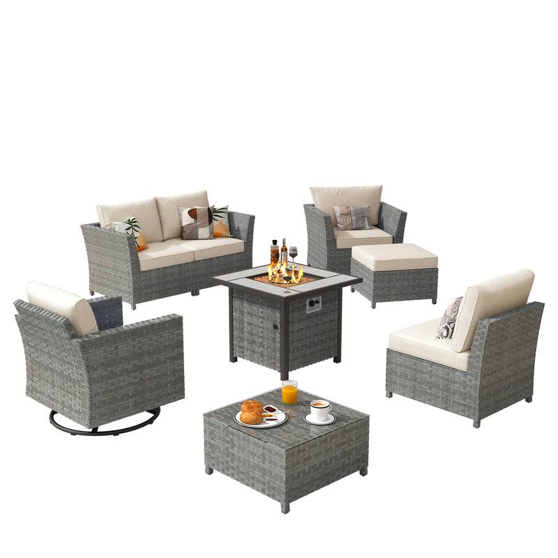 XIZZI 8-piece Outdoor Furniture Wicker Sofa Set with Fire Pit