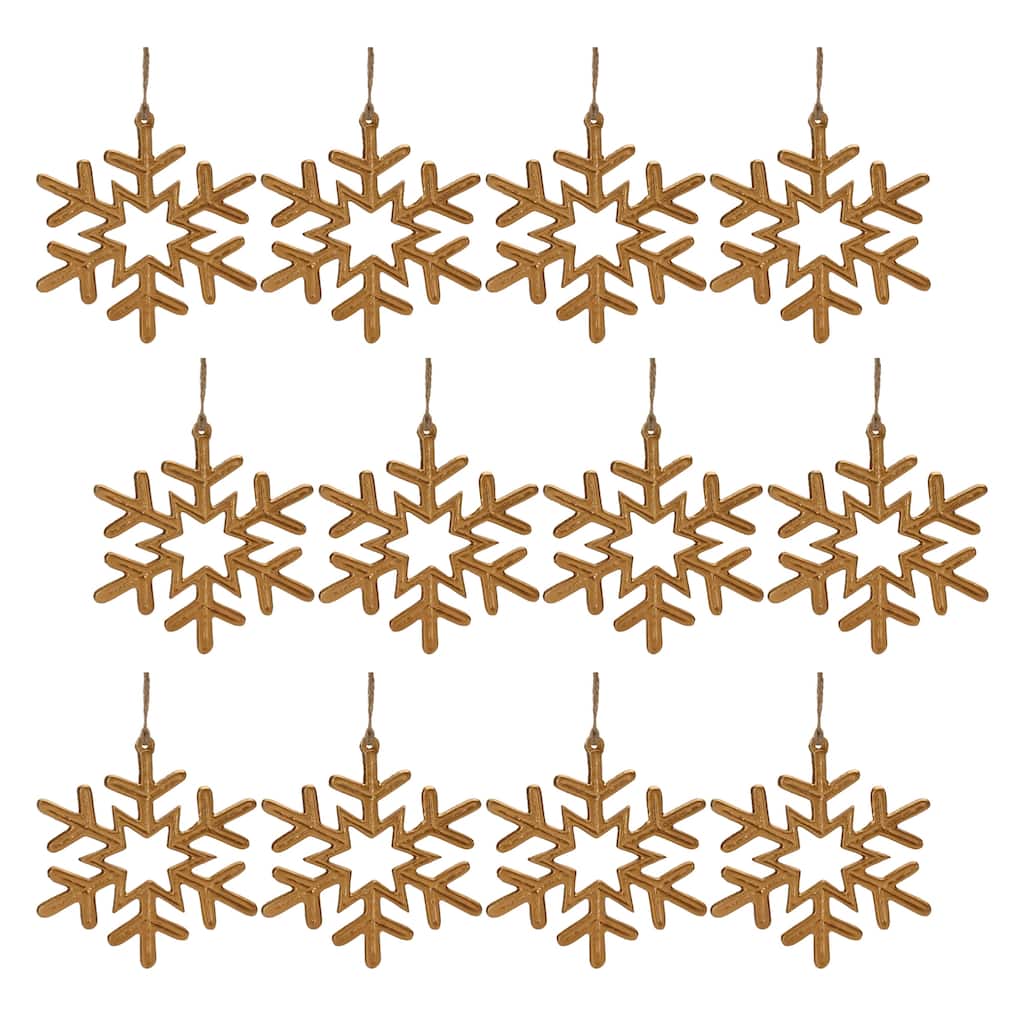 Set of 12 Christmas Tree Snowflake Ornaments Gold Aluminum - 5” x 0.25” x 5.25”