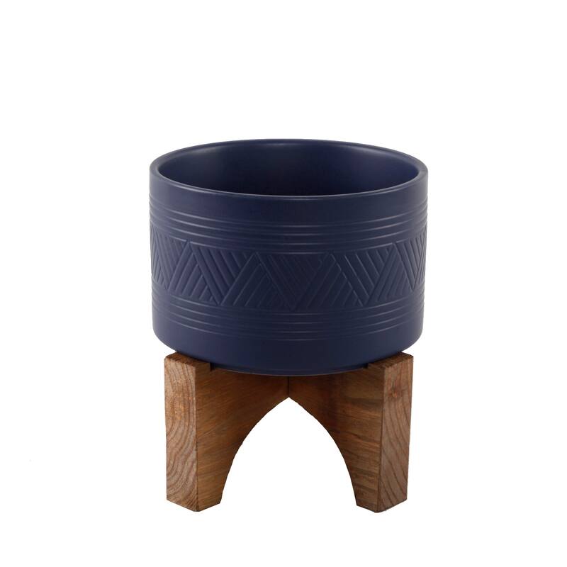 Mid-Century 7" Mountain Ceramic Planter on Wood Stand
