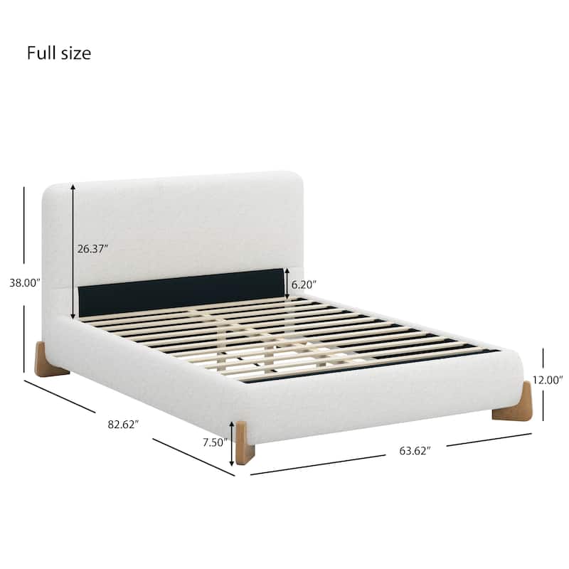 Boucle Upholstered Bed Frame, Soft White Fabric Platform Bed with Solid Wood Legs