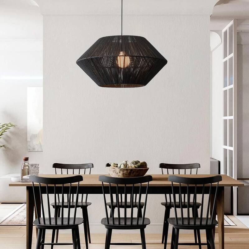 Modern Matte Black Paper Rope Craft Pendant Light Hand-Woven Cage Shade Hanging Lamp - Matte Black