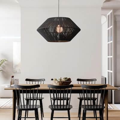Modern Matte Black Paper Rope Craft Pendant Light Hand-Woven Cage Shade Hanging Lamp