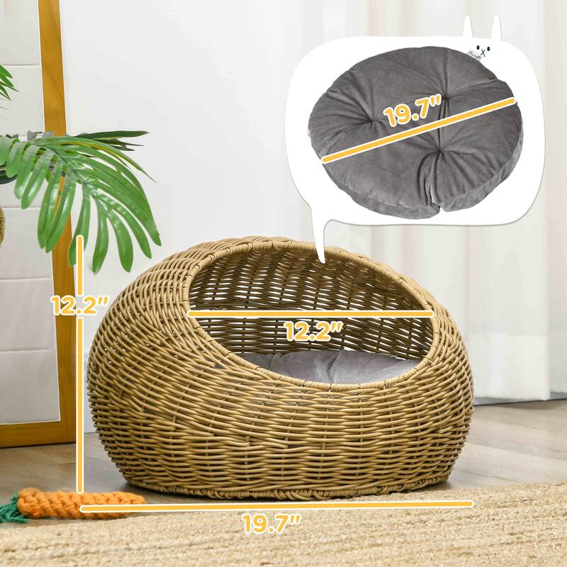 PawHut Rattan Cat Bed with Washable Cushion for Cats, Puppies, Light Brown