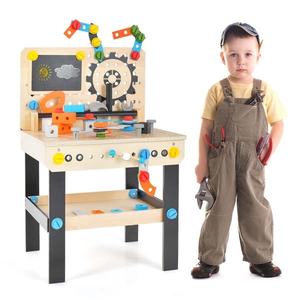 slide 2 of 6, Kids Tool Bench Pretend Play Workbench with Tools Set & Accessories Brown