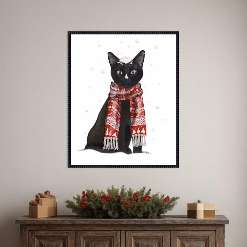 Black Cat Red Scarf by Fab Funky (23 x 28 in.), Framed Canvas Wall Art Print - Sylvie Beaded Black