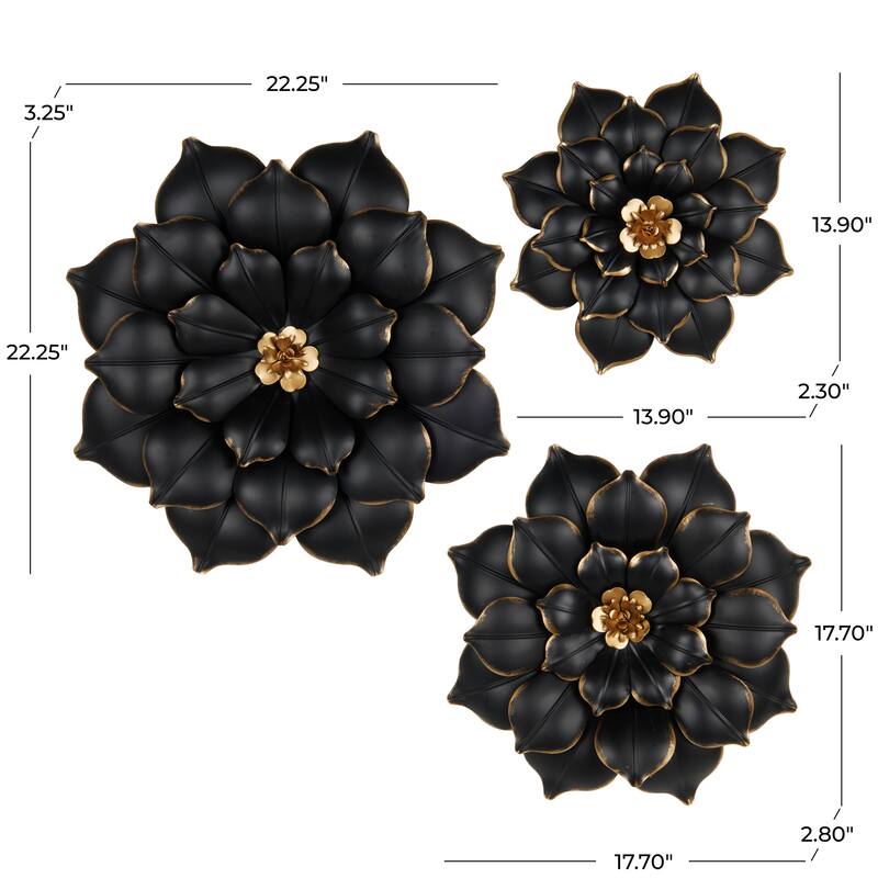 Metal Floral 3D Wall Decor with Gold Center - Set of 3 Black - Roche River Decor
