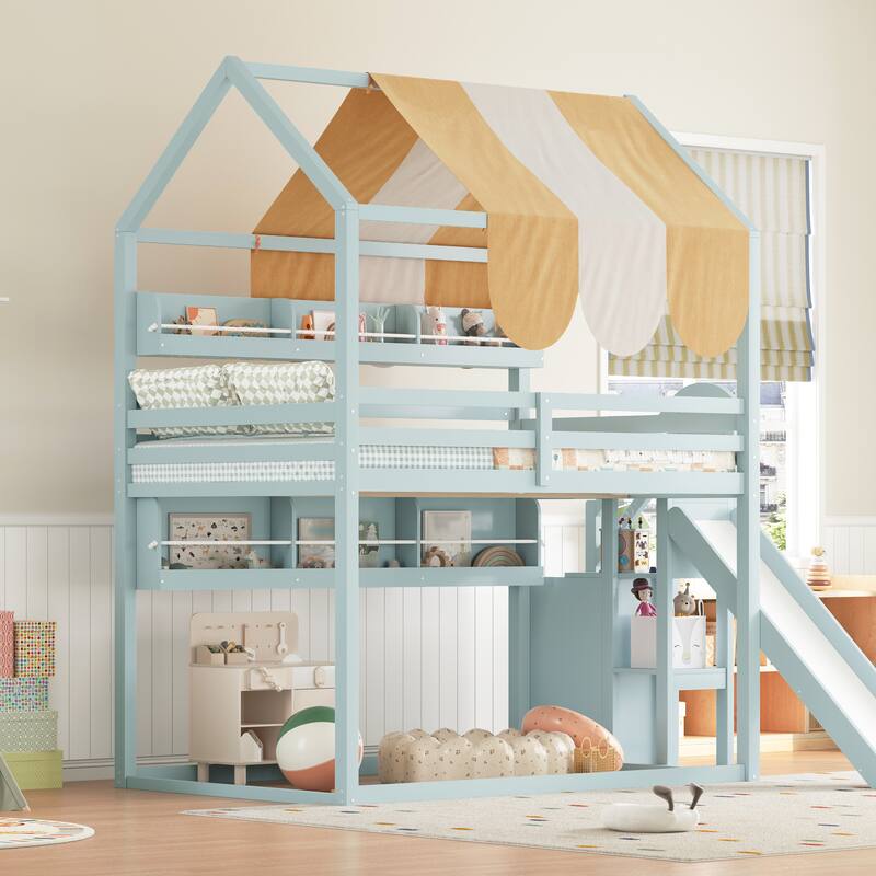 Full Size House Bed with Canopy, Slide & Built-in Bookshelves, Playhouse Bed Frame for Kids