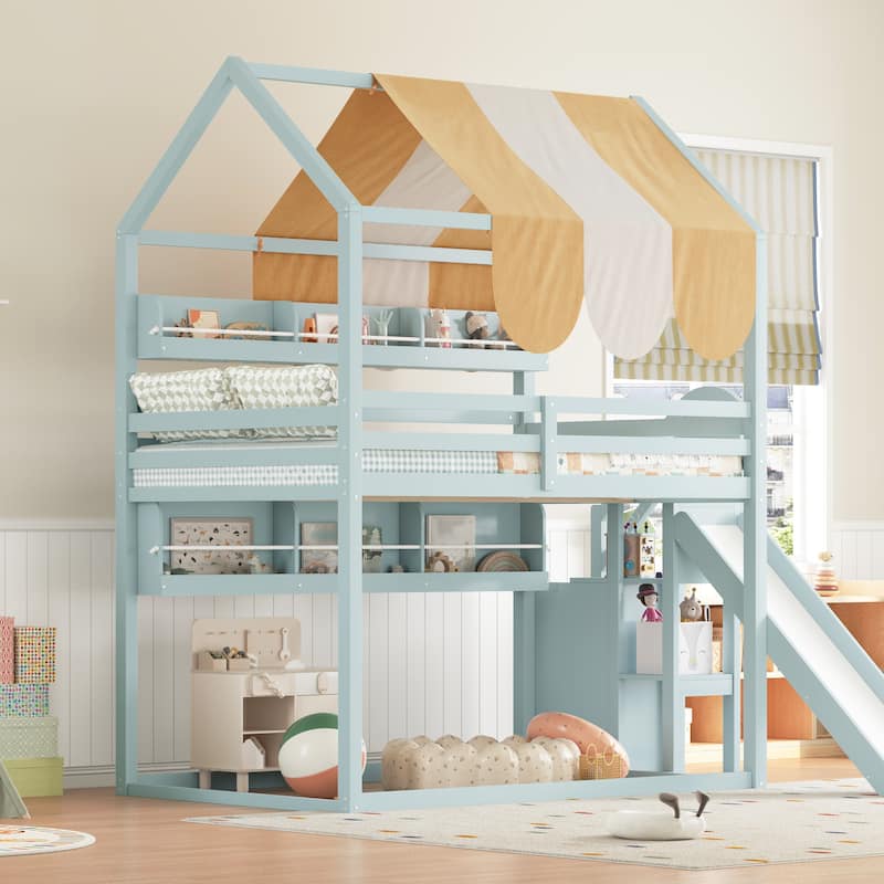 GDFStudio - Wooden Full Size House Bed with Canopy, Slide and Bookshelves - Light Green - Full