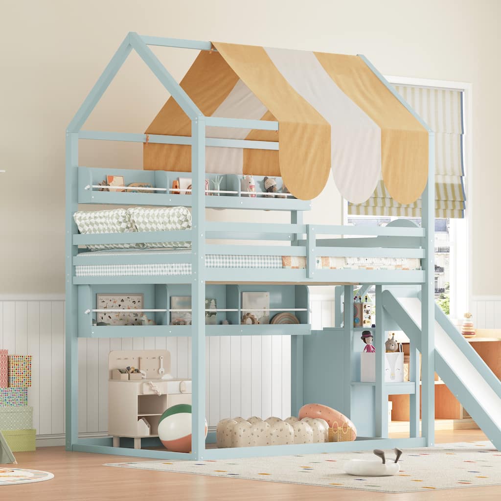 GDFStudio - Wooden Full Size House Bed with Canopy, Slide and Bookshelves