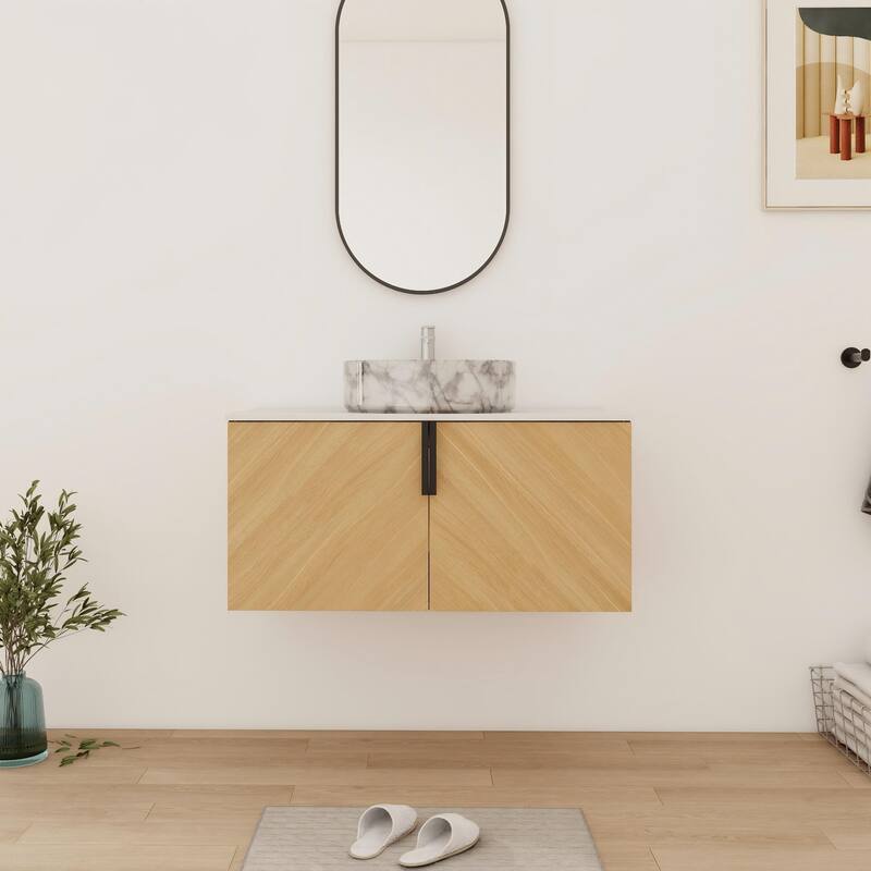 Bathroom Vanity With Sink In 30/36 Inch, Floating Bathroom Vanity With 2 Soft Close Doors - 35.44''W×18.88''D×21.8''H - Beige-White with grey patterns