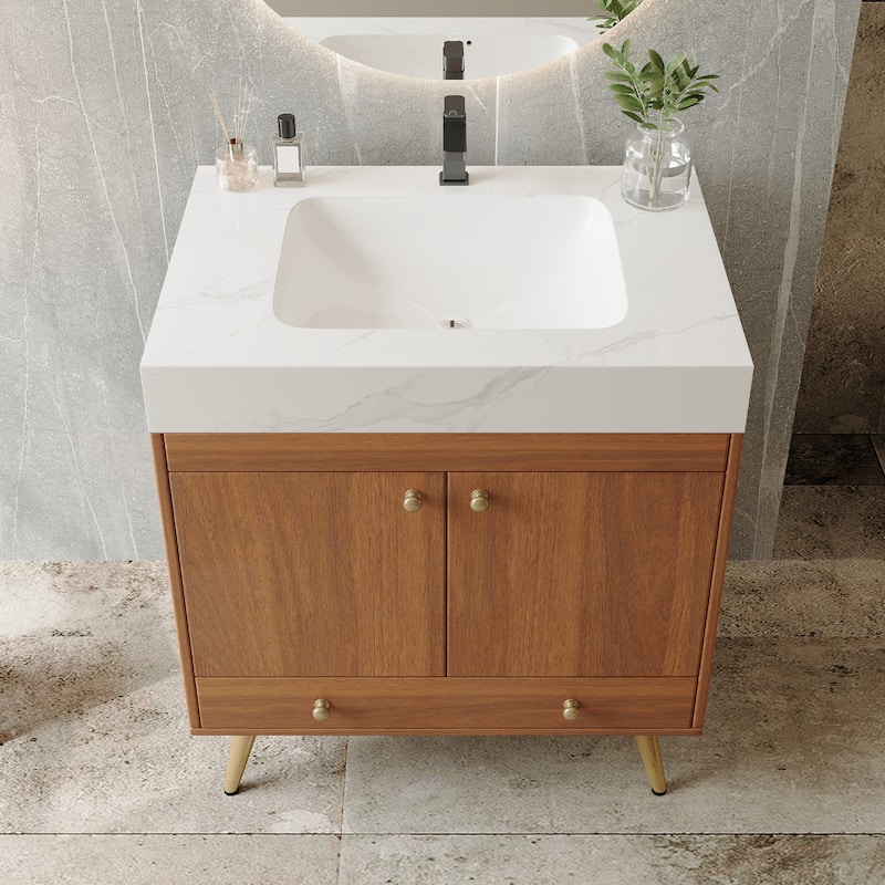 Mid-Century 30" Freestanding Bathroom Vanity with Faux Marble Top, Ceramic Sink & Gold Legs Cabinet