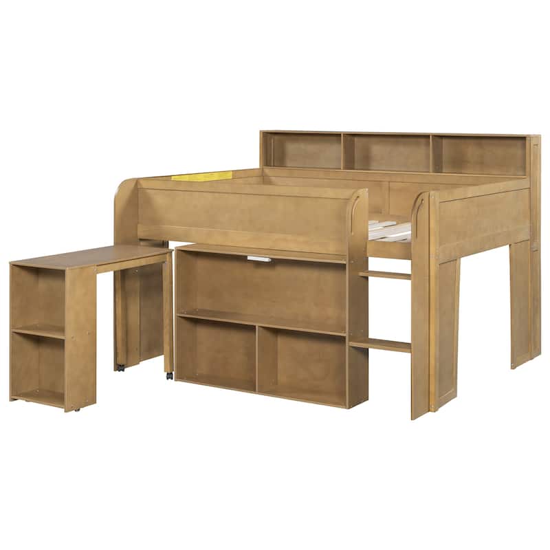 Full Size Wood Kids Loft Bed Frame with Pull-out Desk, Multiple Storage Bookshelf Built-in LED