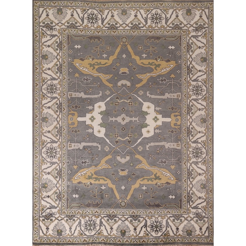 Transitional Gray Oushak Indian Rug Hand-Knotted Wool Carpet - 7'11"x 9'9"