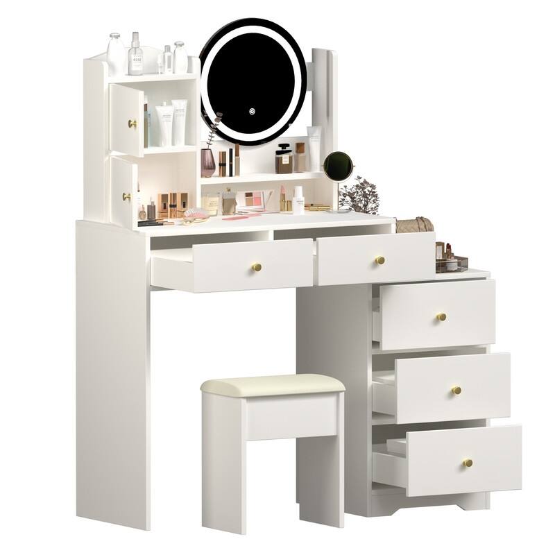 White LED Makeup Vanity Set with Mirror, Table & Cushioned Chair - 3 Adjustable Lighting Modes