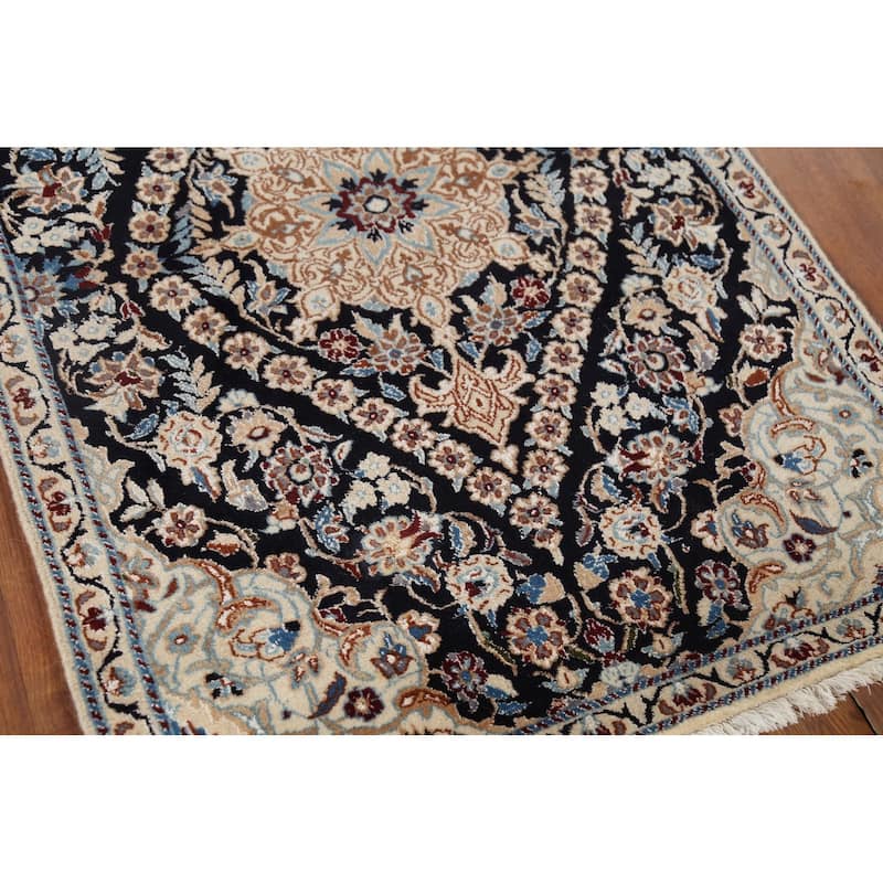 Dark Navy Blue Floral Nain Persian Accent Rug Handmade Wool Carpet - 2'11"x 4'4"