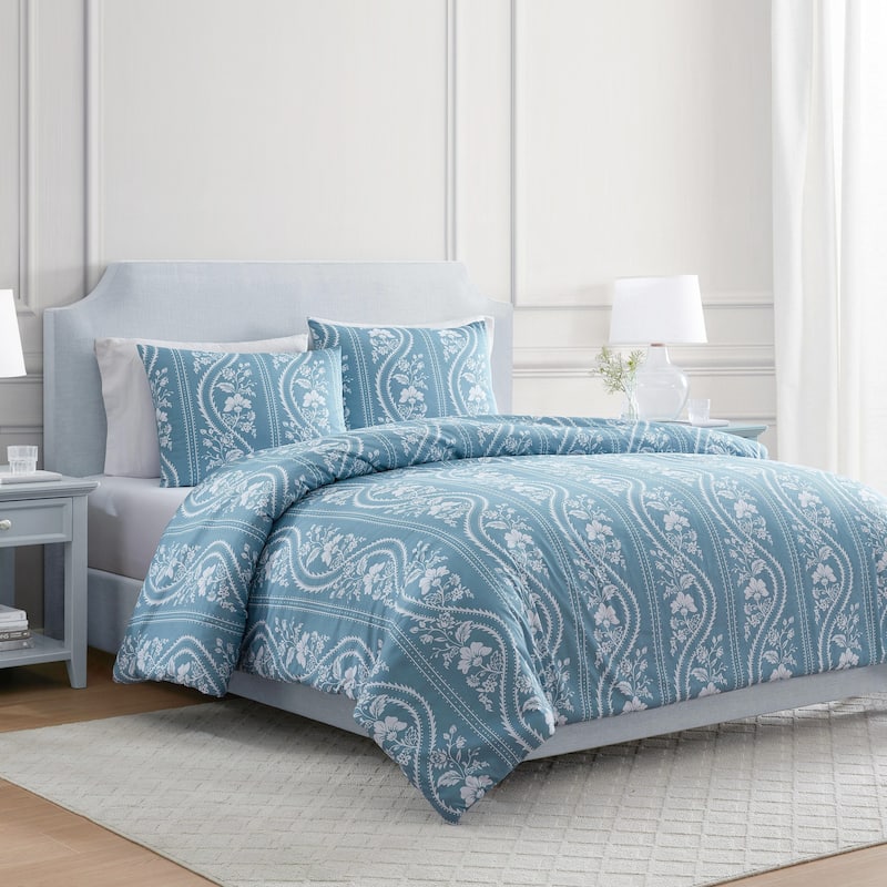 Martha Stewart Sophia Stripe Blue Cotton Duvet Cover Set
