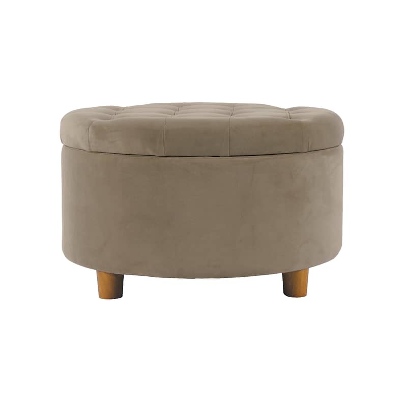 Jo Storage Ottoman, 28 Inch Round Tufted Lift Top, Fawn Brown Velvet