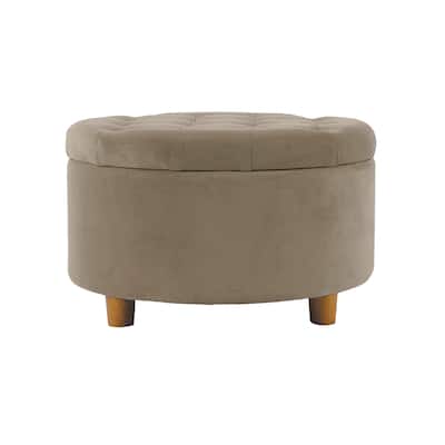 Jo Storage Ottoman, 28 Inch Round Tufted Lift Top, Fawn Brown Velvet