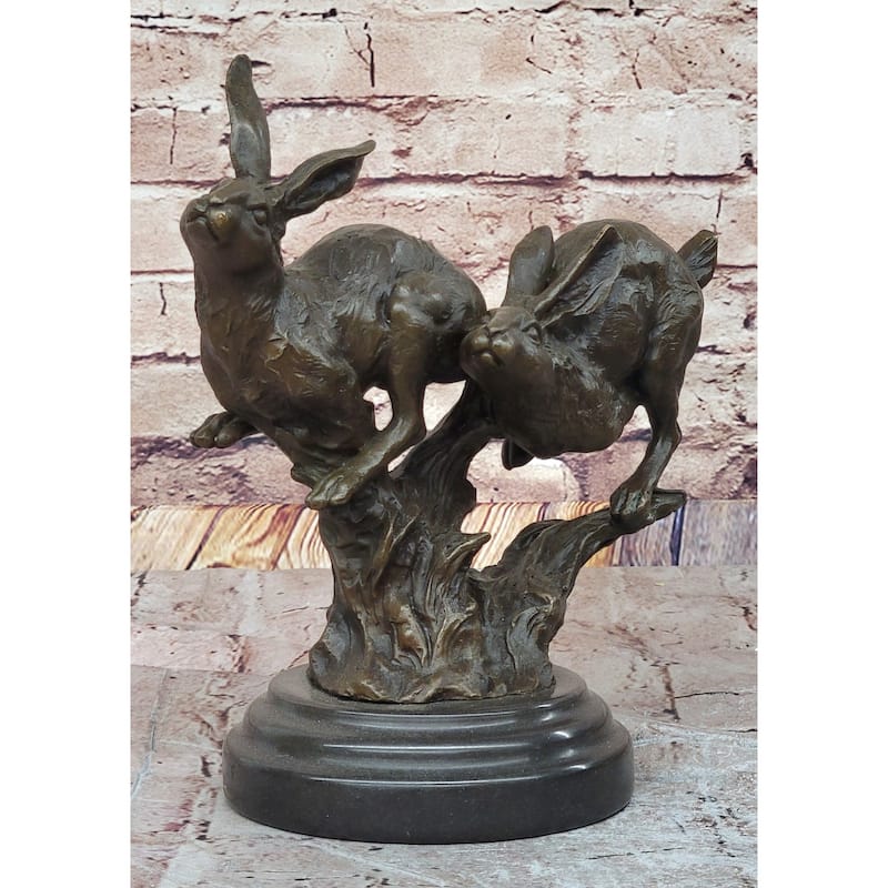 Pair Of Running Imitative Rabbits Hares Bunnies Bronze Sculpture Statue Decor Signed Original Art