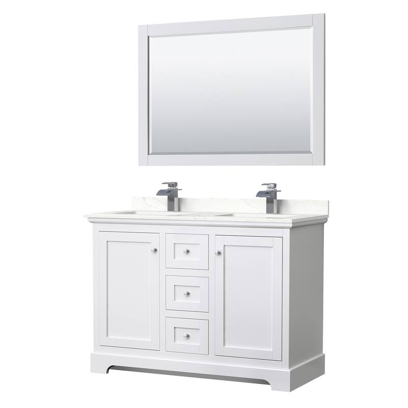 Avery 48-inch Double Vanity, Quartz Top, 46-inch Mirror - White, Chrome Trim, Giotto Quartz Top