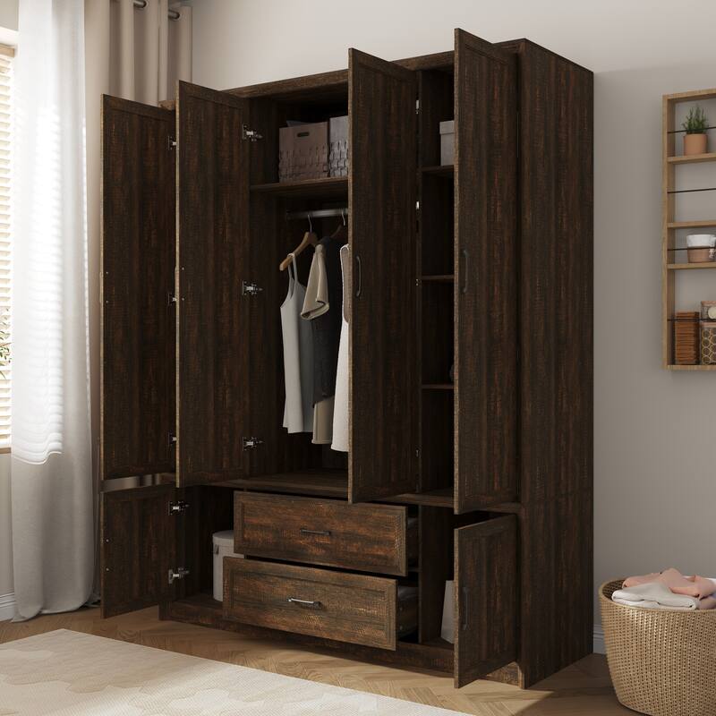 6 Doors Wardrobe Closet Armoire with Hanging Rail White/Brown Large Cabinet