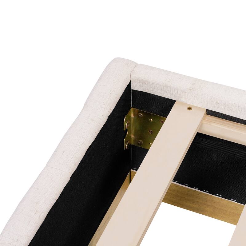 Beige Platform Bed Frame Stripe Linen Thick Upholstered Headboard Footboard, Solid Wooden Base Frame