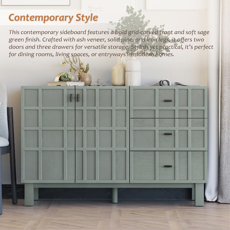 COZAYH Minimalist Sideboard Buffet Cabinet with 2 Doors & 3 Drawers, Modern Grid Carved Pine Front Storage Cabinet