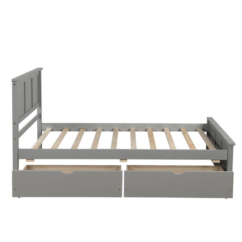 Pine Wood Twin Size Platform Bed with 2 Drawers, Solid Wood Slats