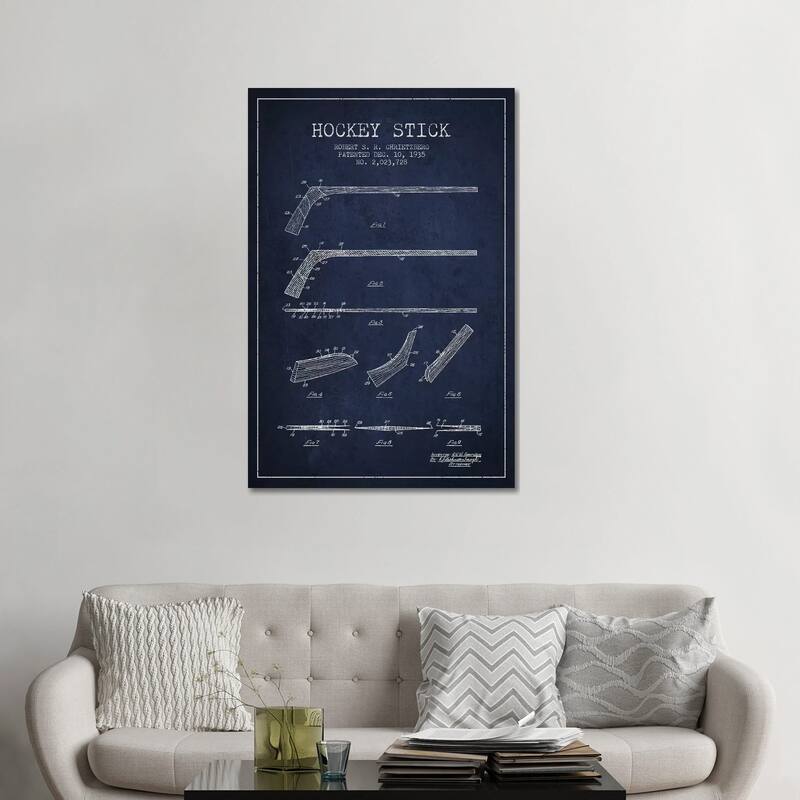 iCanvas "Hockey Stick Navy Blue Patent Blueprint" by Aged Pixel Canvas Print - 48x32x1.5