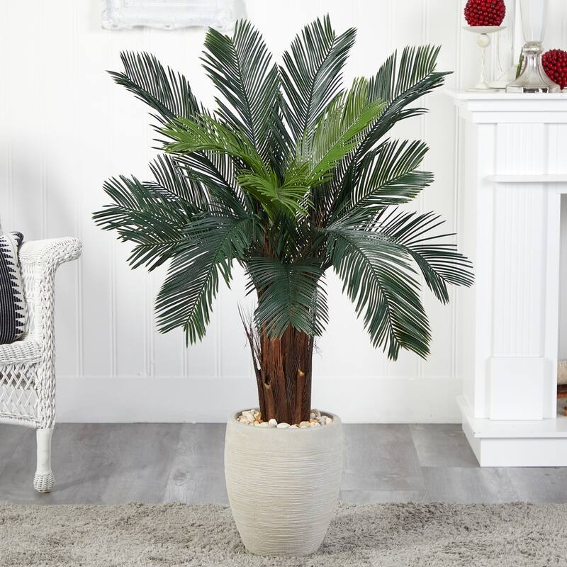 4.5ft Cycas Artificial Tree in Oval Planter with UV Resistant Green Fronds for Living Room or Patio Tropical Decor